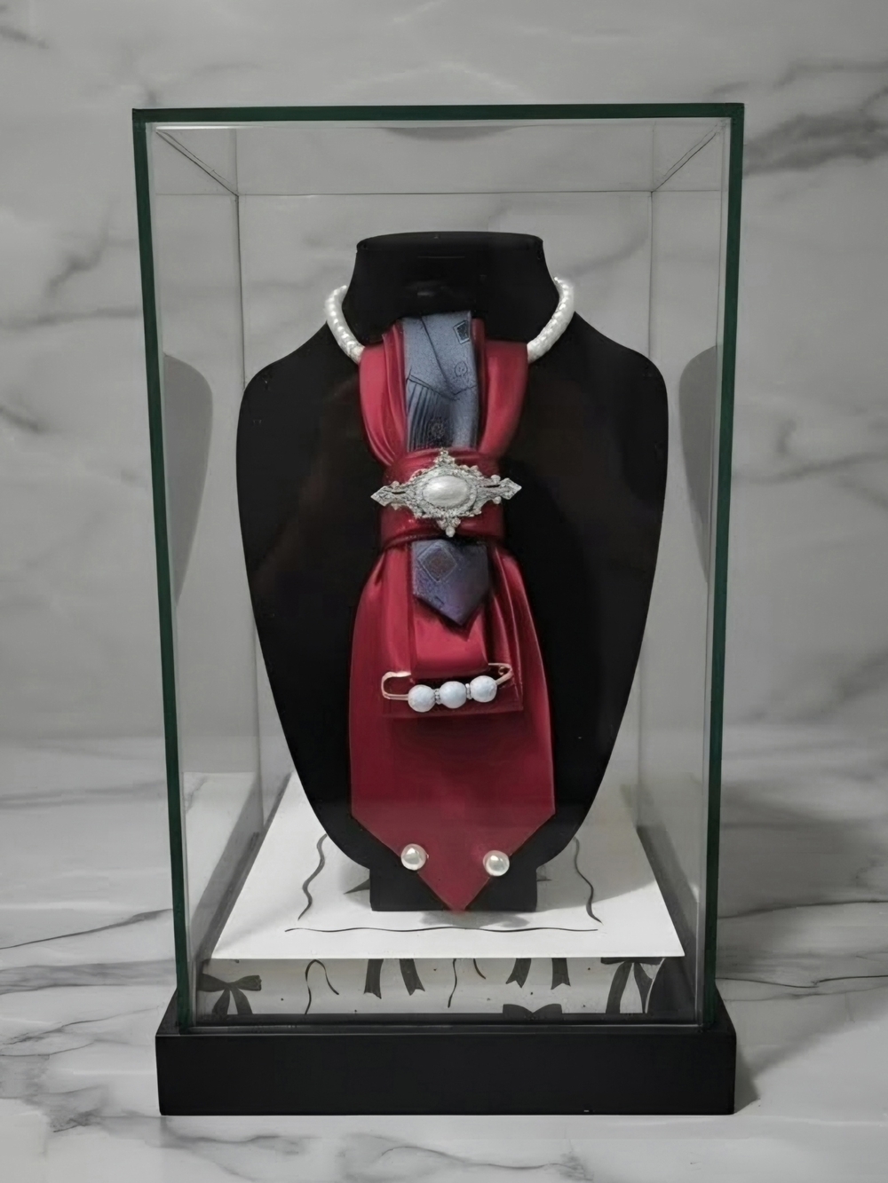 Elegant Red Satin Necklace Scarf with Pearl Accents
